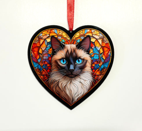 Siamese Cat Stained Glass Effect Heart Suncatcher